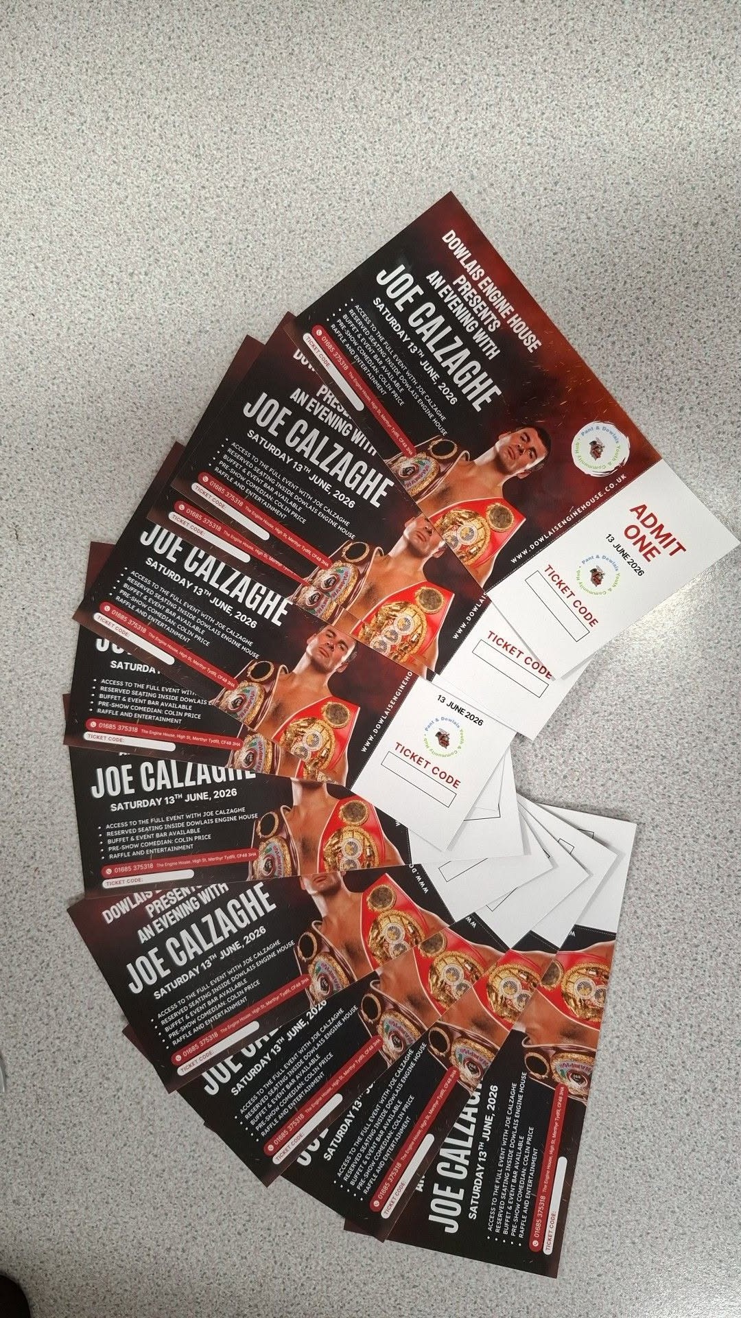 Printed tickets for the Dowlais Engine House Joe Calzaghe charity event